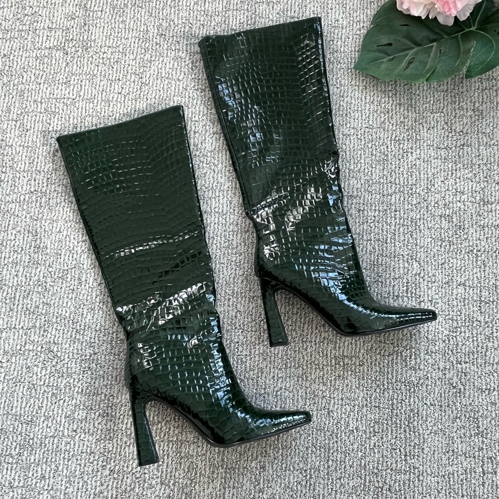 Green Shiny Snakeskin Print Tall Boots Size 10